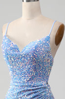 Load image into Gallery viewer, Sparkly Sequins Mermaid Light Blue Prom Dress with Slit