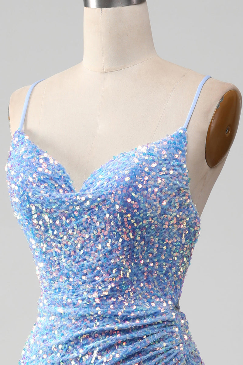 Load image into Gallery viewer, Sparkly Sequins Mermaid Light Blue Prom Dress with Slit