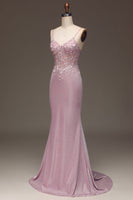 Load image into Gallery viewer, Glitter Blush Mermaid Spaghetti Straps Long Prom Dress with Beading