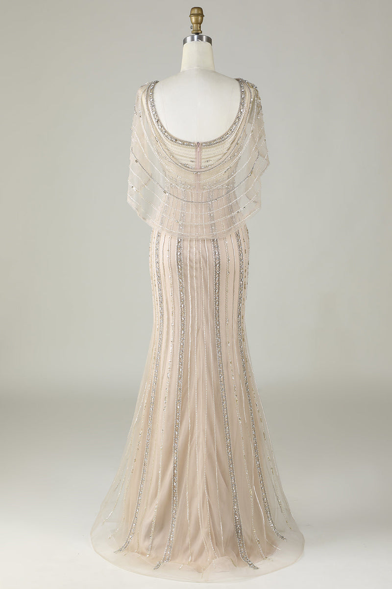 Load image into Gallery viewer, Sparkly Champagne Beaded Mermaid Long Prom Dress with Wrap