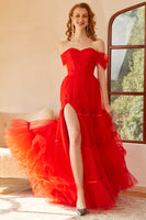 Load image into Gallery viewer, Off The Shoulder Red Tulle Princess Prom Dress with Slit