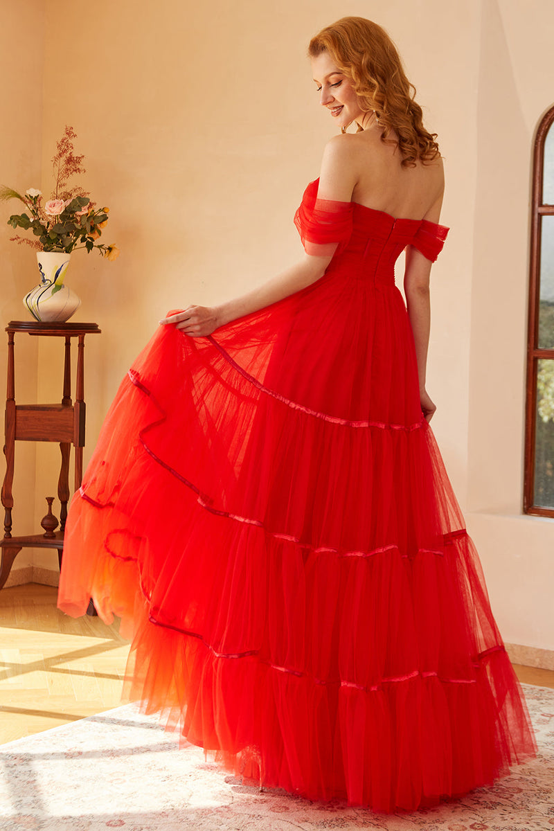 Load image into Gallery viewer, Off The Shoulder Red Tulle Princess Prom Dress with Slit