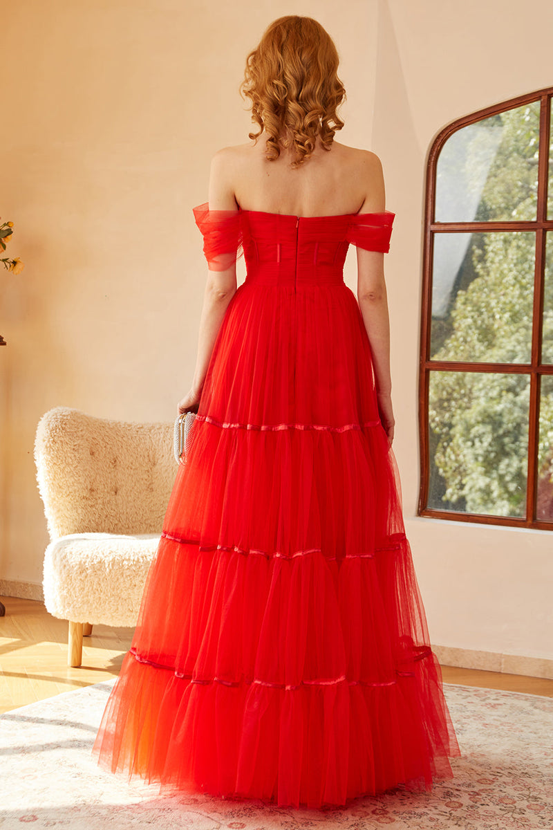 Load image into Gallery viewer, Off The Shoulder Red Tulle Princess Prom Dress with Slit