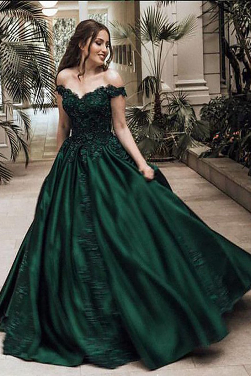 Load image into Gallery viewer, Dark Green Off The Shoulder Princess Prom Dress with Lace
