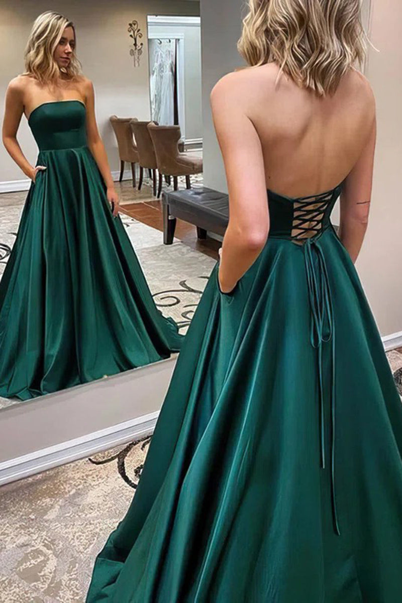 Hellymoon Women Dark Green Long Prom Dress A Line Strapless