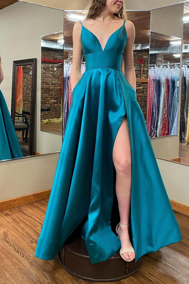 Blue A line Simple Prom Dress with Slit