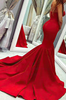 Load image into Gallery viewer, Red Satin Strapless Mermaid Prom Dress
