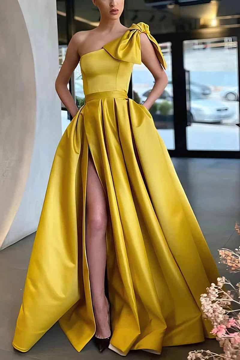 Load image into Gallery viewer, One Shoulder Yellow Satin Princess Prom Dress with Bow