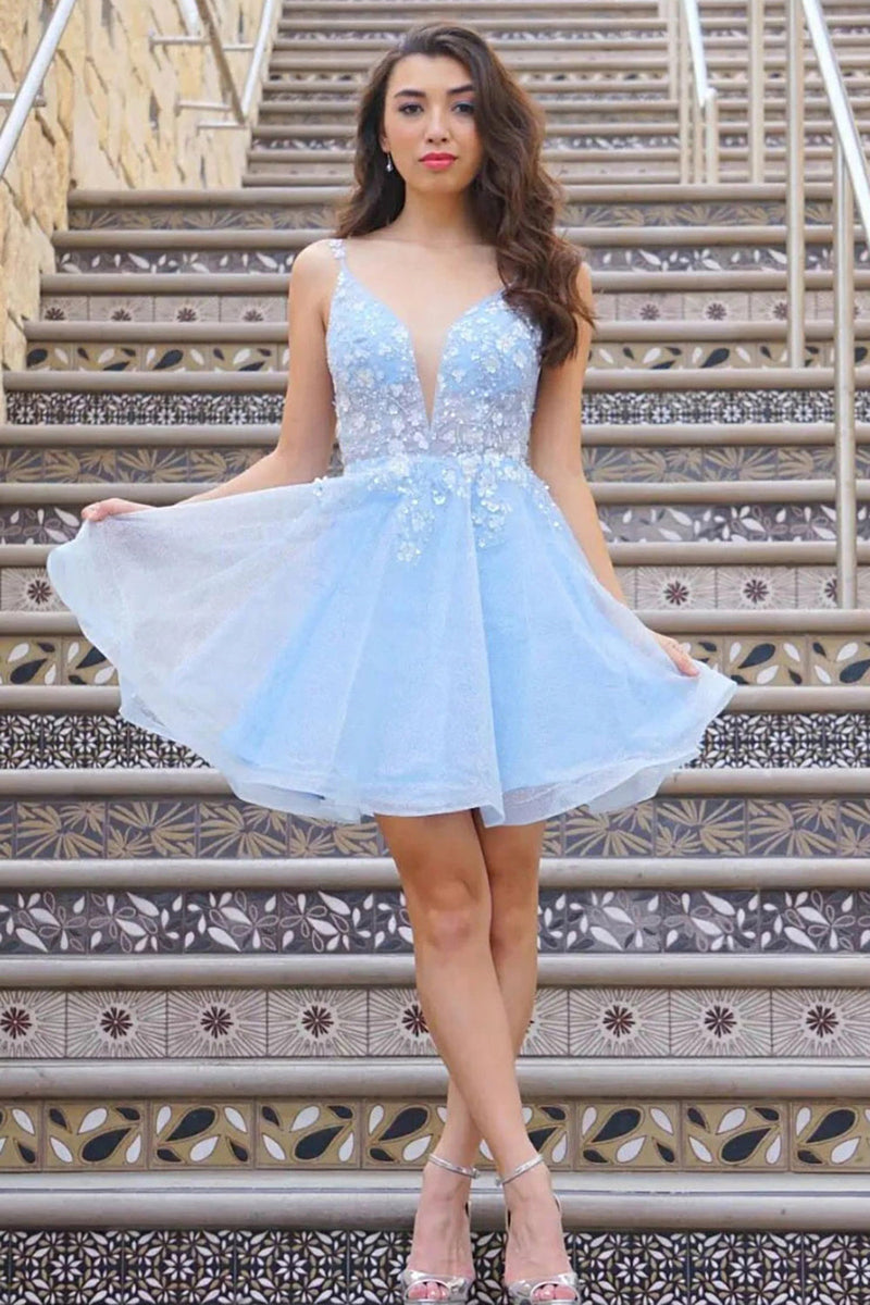 Hellymoon Women Light Blue Short Prom Dress Cute A Line Deep V Neck Cocktail Dress with Appliques hellymoonuk