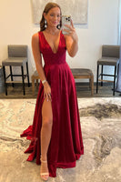 Load image into Gallery viewer, Burgundy V Neck Backless Long Prom Dress with Slit