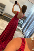 Load image into Gallery viewer, Burgundy V Neck Backless Long Prom Dress with Slit