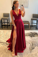 Load image into Gallery viewer, Burgundy V Neck Backless Long Prom Dress with Slit