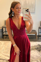 Load image into Gallery viewer, Burgundy V Neck Backless Long Prom Dress with Slit