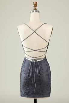 Spaghetti Straps Grey Bodycon Graduation Dress with Appliques