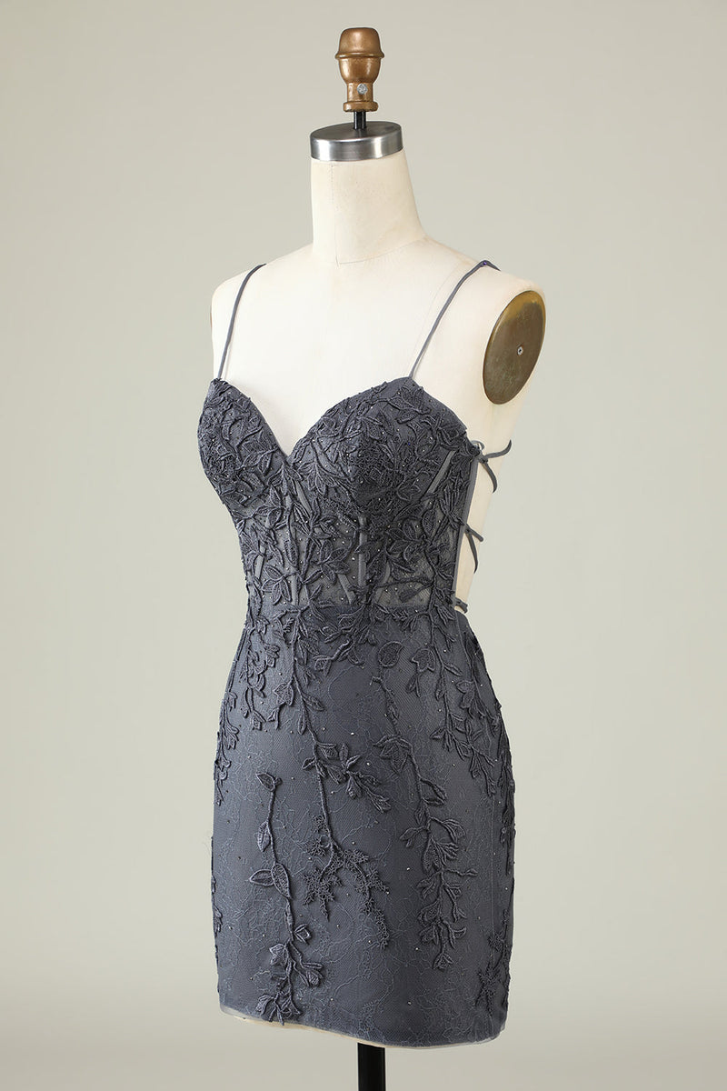 Load image into Gallery viewer, Spaghetti Straps Grey Bodycon Graduation Dress with Appliques