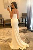 Load image into Gallery viewer, White Strapless Beading Mermaid Prom Dress with Slit