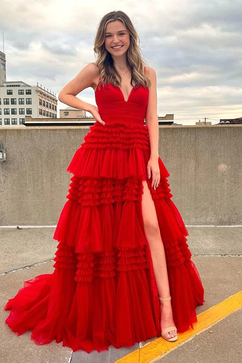Load image into Gallery viewer, A Line Red Spaghetti Straps Princess Prom Dress with Slit