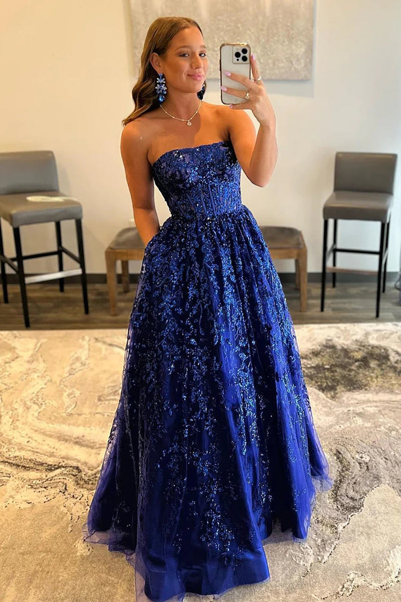 Hellymoon Women Royal Blue Sparkly Long Prom Dress with Pockets Sequin Strapless A line Party Dress hellymoonuk