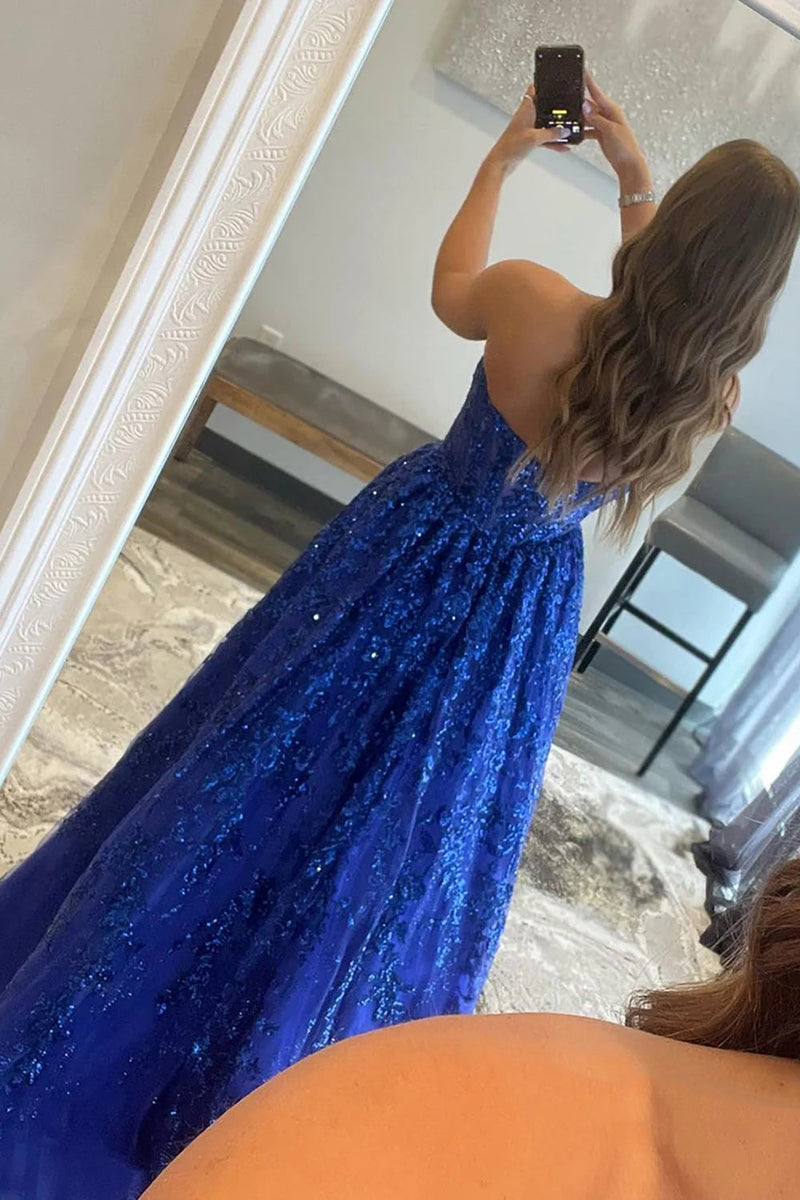 Hellymoon Women Royal Blue Sparkly Long Prom Dress with Pockets