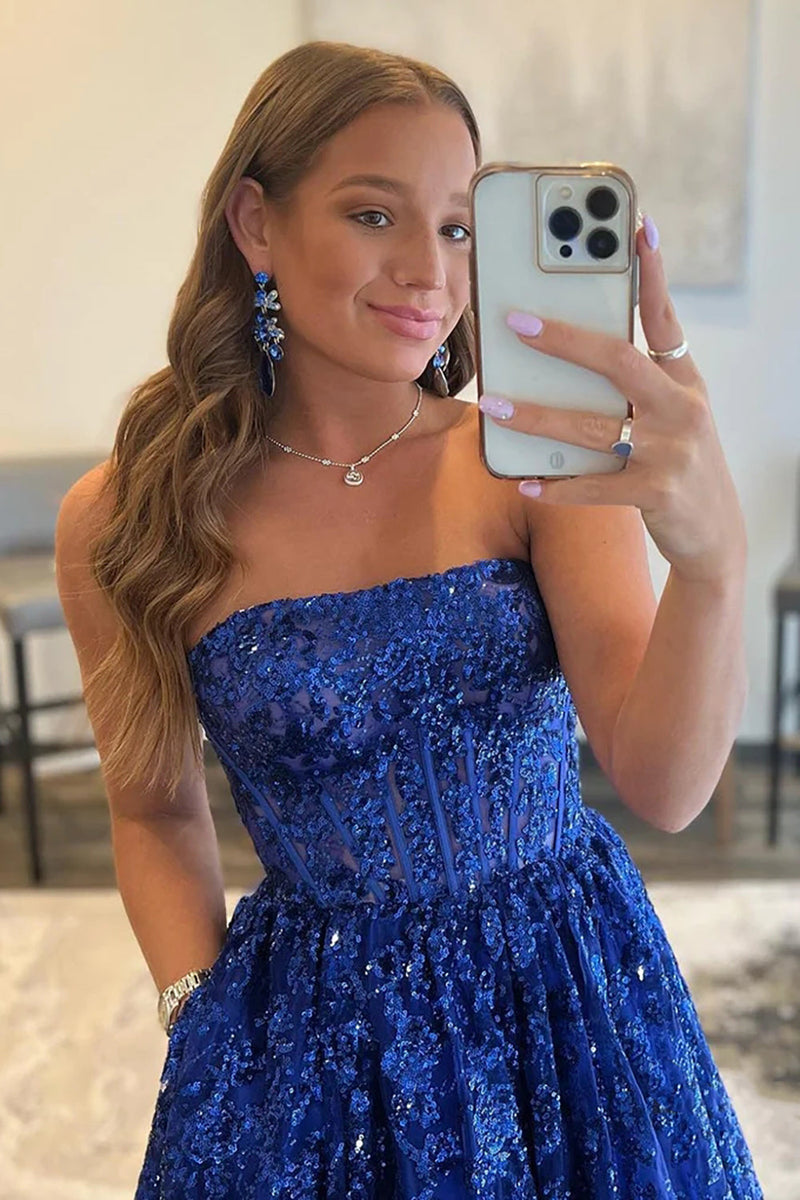 Royal Blue Sparkly Long Prom Dress with Pockets
