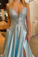 Load image into Gallery viewer, Beading Blue Long Prom Dress with Criss Cross Back