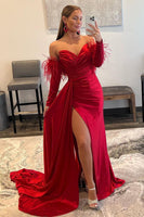Load image into Gallery viewer, Off the Shoulder Fringes Satin Prom Dress with Slit