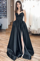 Load image into Gallery viewer, Spaghetti Straps Satin Black Prom Dress with Slit
