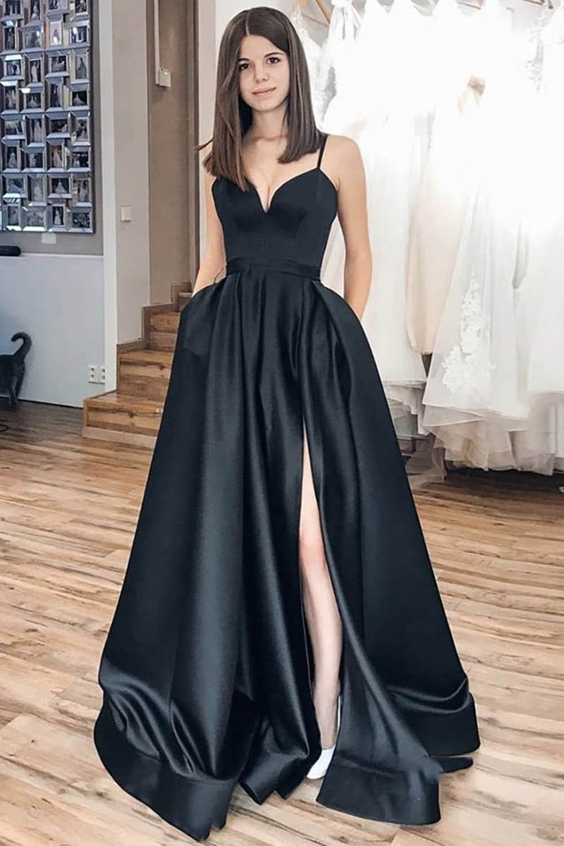 Load image into Gallery viewer, Spaghetti Straps Satin Black Prom Dress with Slit