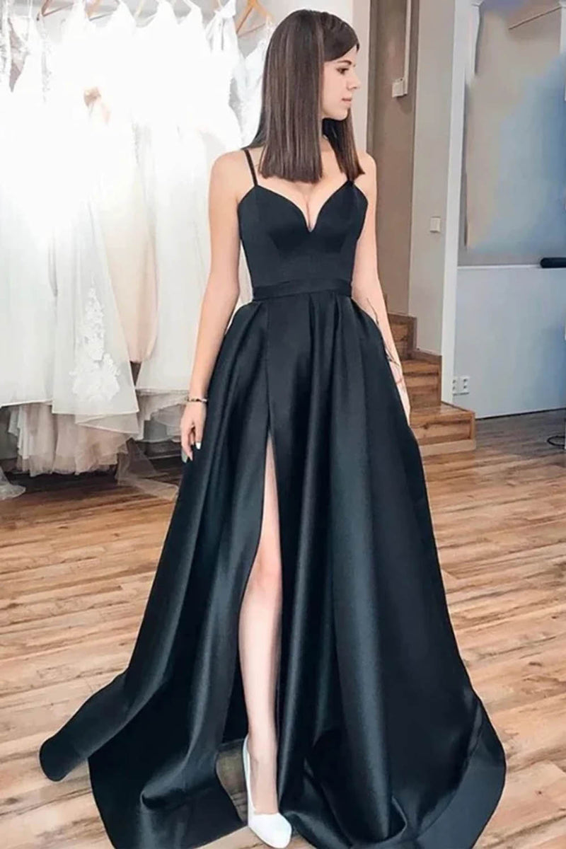 Load image into Gallery viewer, Spaghetti Straps Satin Black Prom Dress with Slit