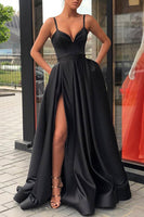 Load image into Gallery viewer, Spaghetti Straps Satin Black Prom Dress with Slit