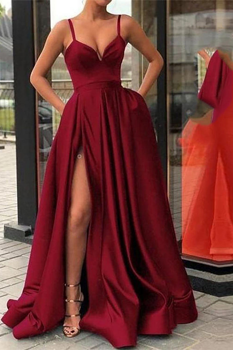 Load image into Gallery viewer, Spaghetti Straps Satin Black Prom Dress with Slit
