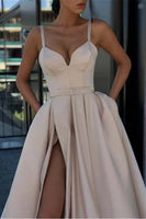 Load image into Gallery viewer, Spaghetti Straps Satin Black Prom Dress with Slit