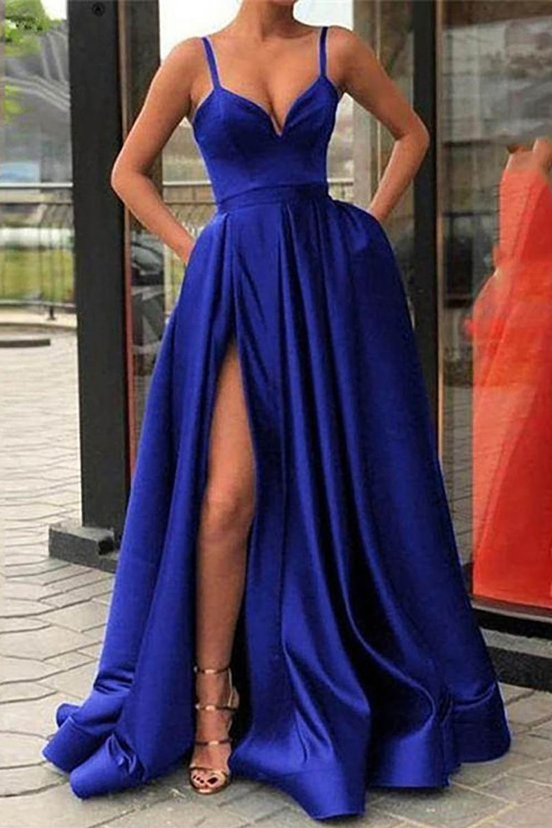 Load image into Gallery viewer, Spaghetti Straps Satin Black Prom Dress with Slit
