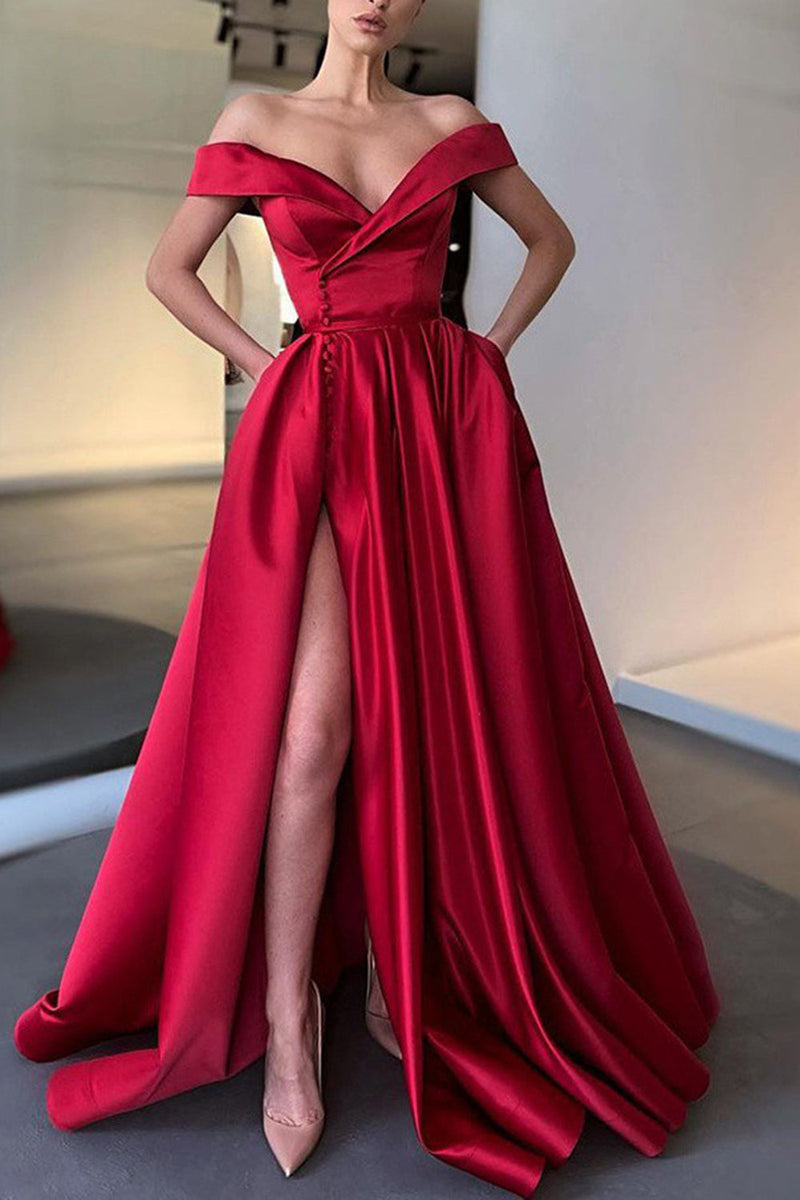Load image into Gallery viewer, Off the Shoulder Satin A-line Prom Dress with Buttons