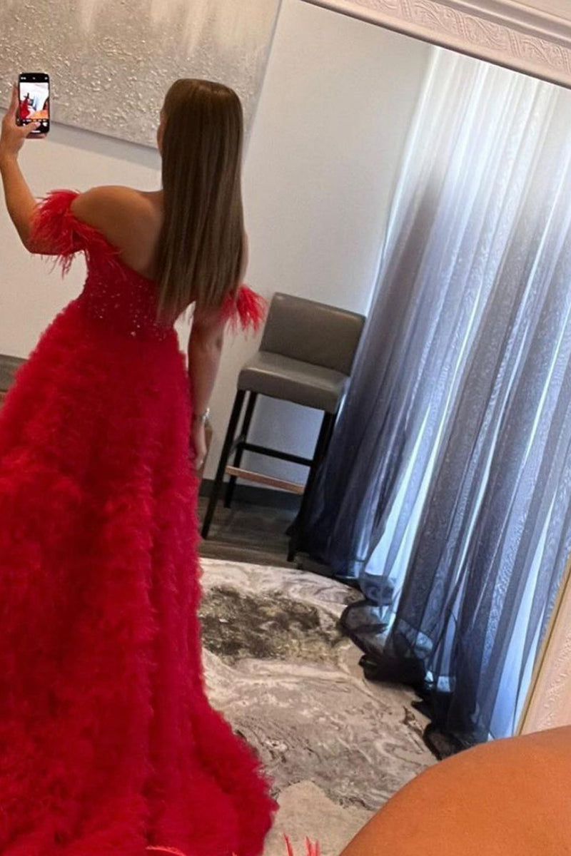 Load image into Gallery viewer, Off the Shoulder Multi-layered Princess Prom Dress with Feathers