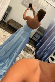 Light Blue Strapless Satin Prom Dress with Appliques