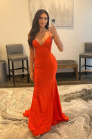 Load image into Gallery viewer, Spaghetti Straps Orange Long Prom Dress with Criss Cross Back