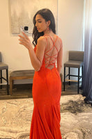 Load image into Gallery viewer, Spaghetti Straps Orange Long Prom Dress with Criss Cross Back
