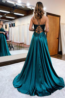Load image into Gallery viewer, A Line Green Satin Beaded Prom Dress with Slit