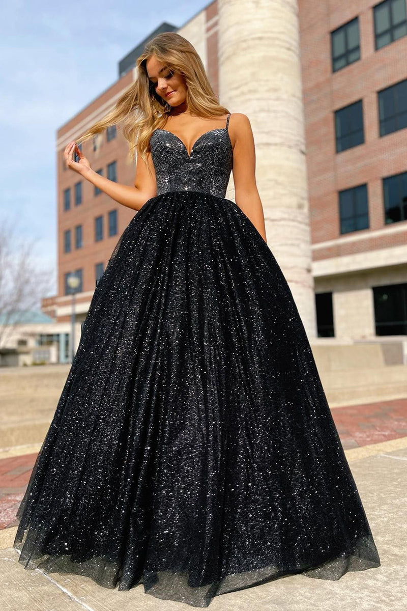 Hellymoon Women Black Glitter A Line Princess Prom Dress with Beading hellymoonuk Hellymoon Women Black Glitter A Line Princess Prom Dress with Beading hellymoonuk