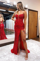 Load image into Gallery viewer, Red Sequins Mermaid Spaghetti Straps Long Prom Dress with Slit