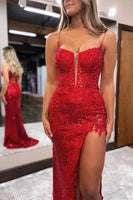 Load image into Gallery viewer, Red Sequins Mermaid Spaghetti Straps Long Prom Dress with Slit