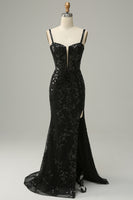 Load image into Gallery viewer, Mermaid Spaghetti Straps Black Sequins Long Prom Dress with Slit
