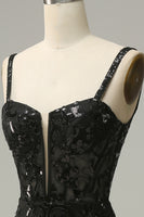 Load image into Gallery viewer, Mermaid Spaghetti Straps Black Sequins Long Prom Dress with Slit