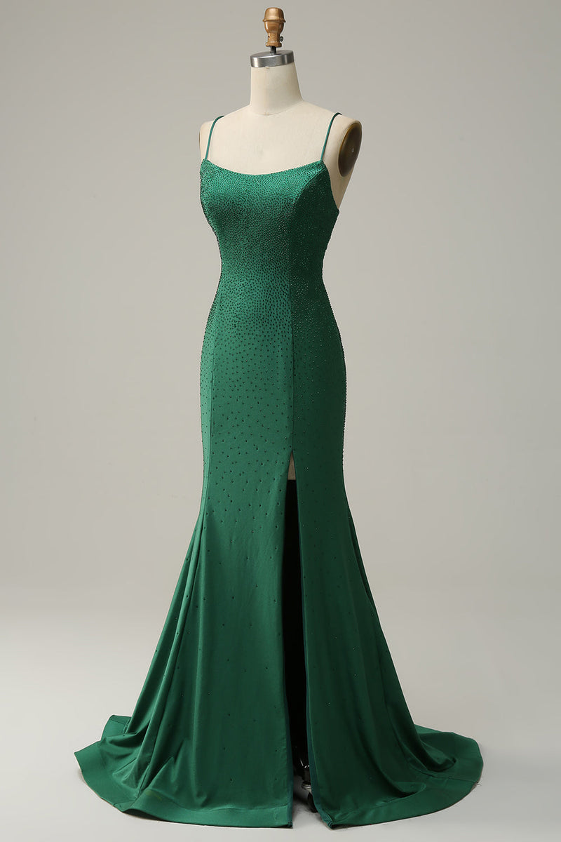 Load image into Gallery viewer, Dark Green Mermaid Spaghetti Straps Long Prom Dress with Beading