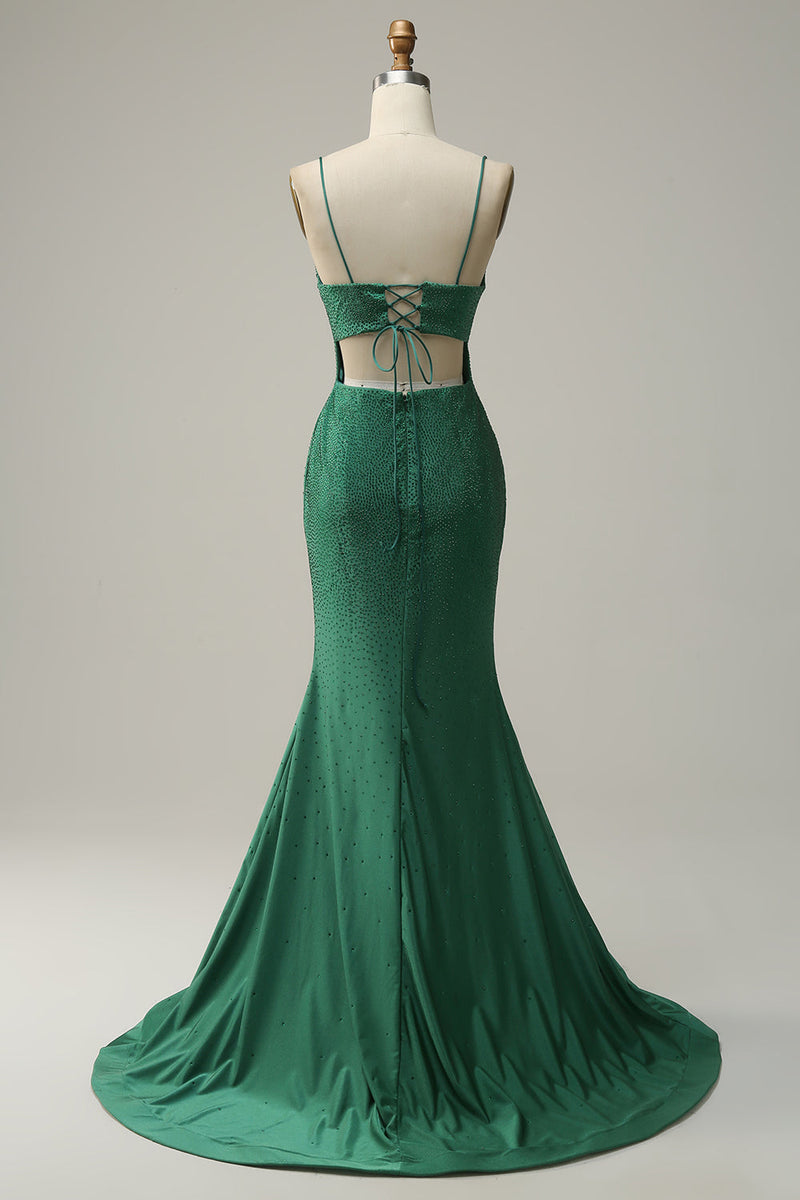 Load image into Gallery viewer, Dark Green Mermaid Spaghetti Straps Long Prom Dress with Beading