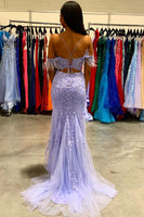 Load image into Gallery viewer, Lavender Off the Shoulder Corset Prom Dress with Appliques