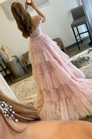 Load image into Gallery viewer, Pink Layered Off the Shoulder Princess Prom Dress with Beading