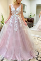 Load image into Gallery viewer, Light Blue Tulle A Line Princess Prom Dress with Appliques