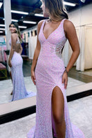 Load image into Gallery viewer, Sheath V Neck Lilac Sequins Long Prom Dress with Split Front